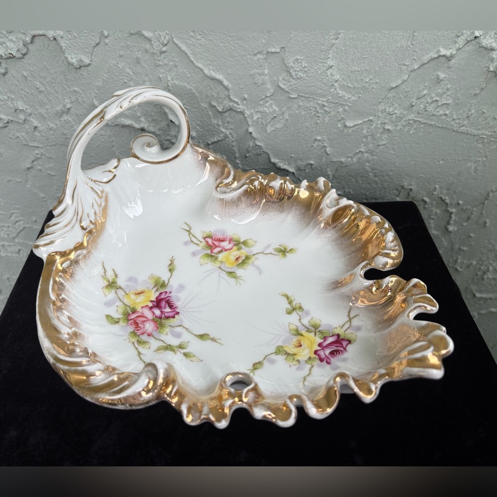SILESIEN Antique Germany Floral Handpainted Porcelain Handled Bowl